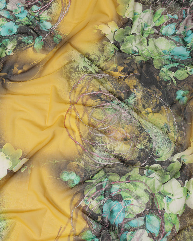 Yellow Green-Black Cotton Voile Traditional Sudanese Thobe with Floral Artistic Print, 4.5 Mtrs Piece, Width 140 Cms, Made in India-D26476