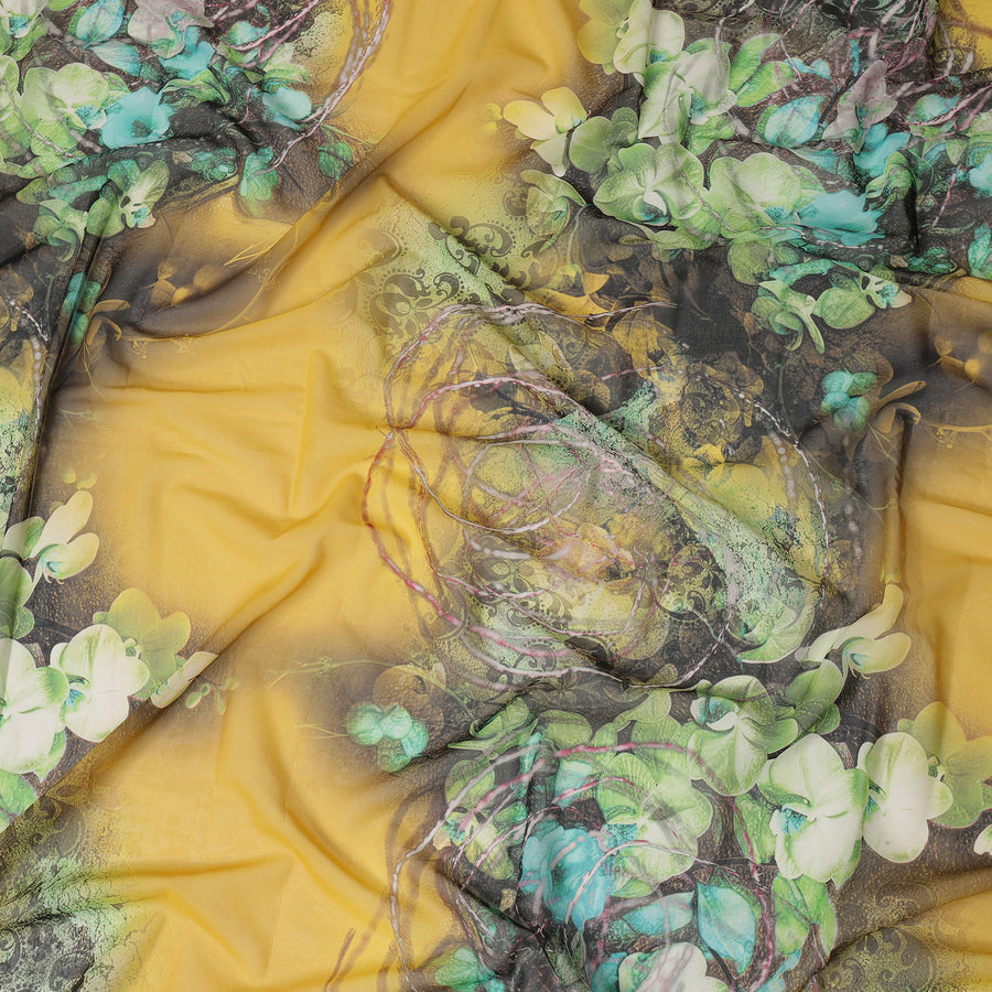 Yellow Green-Black Cotton Voile Traditional Sudanese Thobe with Floral Artistic Print, 4.5 Mtrs Piece, Width 140 Cms, Made in India-D26476