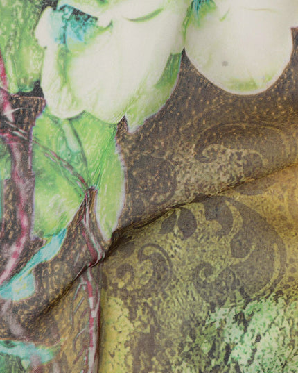 Yellow Green-Black Cotton Voile Traditional Sudanese Thobe with Floral Artistic Print, 4.5 Mtrs Piece, Width 140 Cms, Made in India-D26476