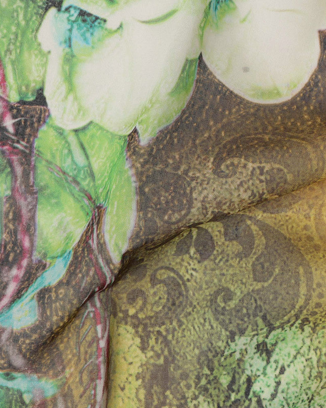 Yellow Green-Black Cotton Voile Traditional Sudanese Thobe with Floral Artistic Print, 4.5 Mtrs Piece, Width 140 Cms, Made in India-D26476