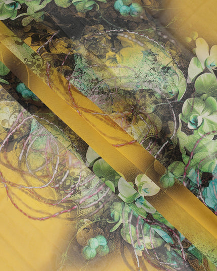 Yellow Green-Black Cotton Voile Traditional Sudanese Thobe with Floral Artistic Print, 4.5 Mtrs Piece, Width 140 Cms, Made in India-D26476