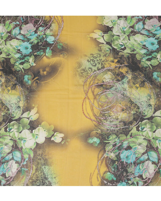 Yellow Green-Black Cotton Voile Traditional Sudanese Thobe with Floral Artistic Print, 4.5 Mtrs Piece, Width 140 Cms, Made in India-D26476