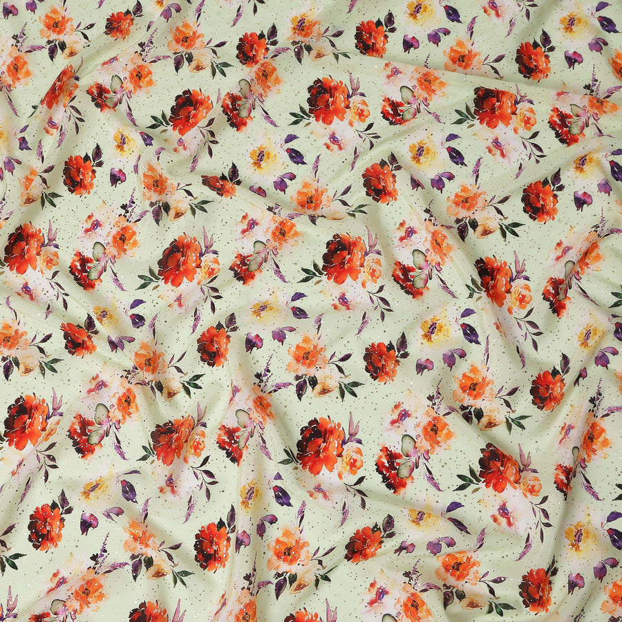 Green Floral Gold Dot Viscose Crepe 110cm