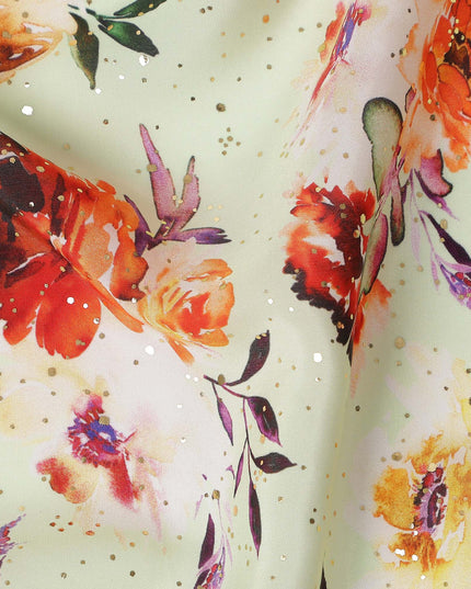 Green Floral Gold Dot Viscose Crepe 110cm
