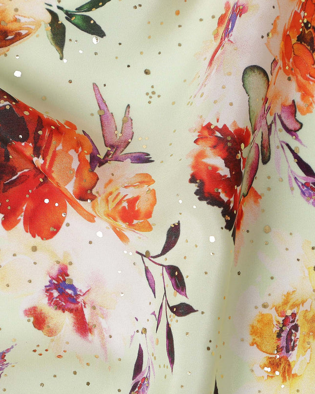 Green Floral Gold Dot Viscose Crepe 110cm