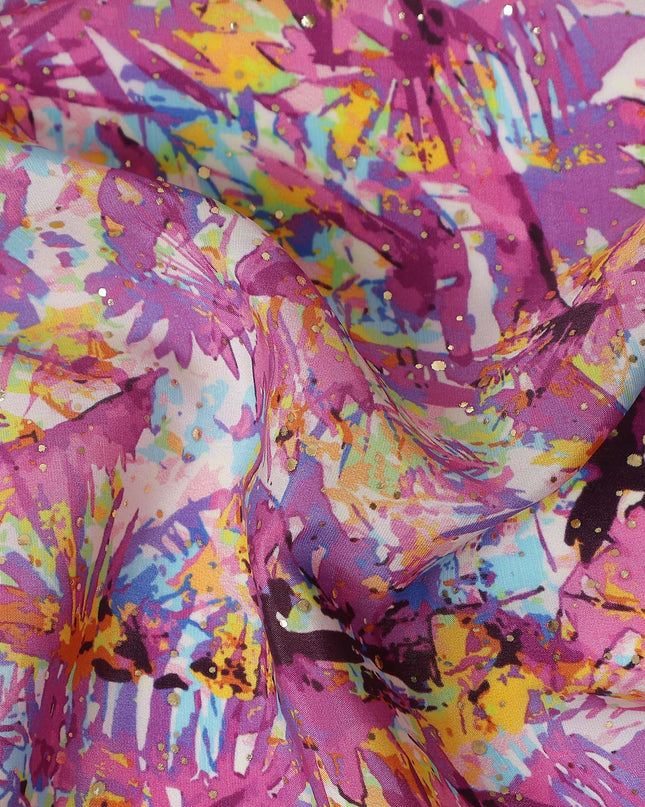 Purple Abstract Gold Dot Viscose Crepe 110cm