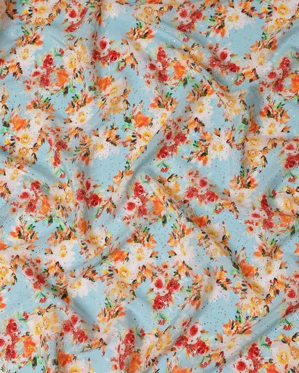 Blue Bouquet Floral Gold Dot Viscose Crepe 110cm