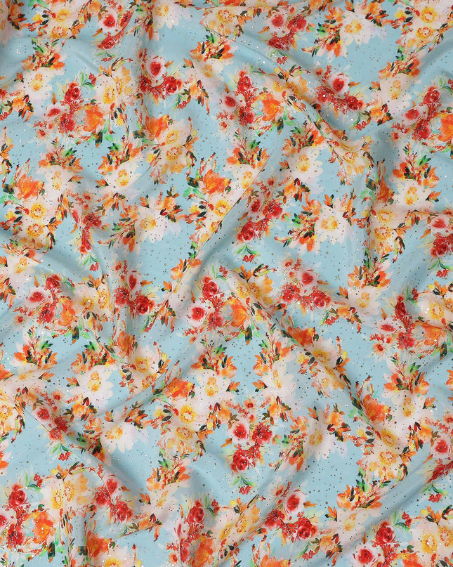 Blue Bouquet Floral Gold Dot Viscose Crepe 110cm