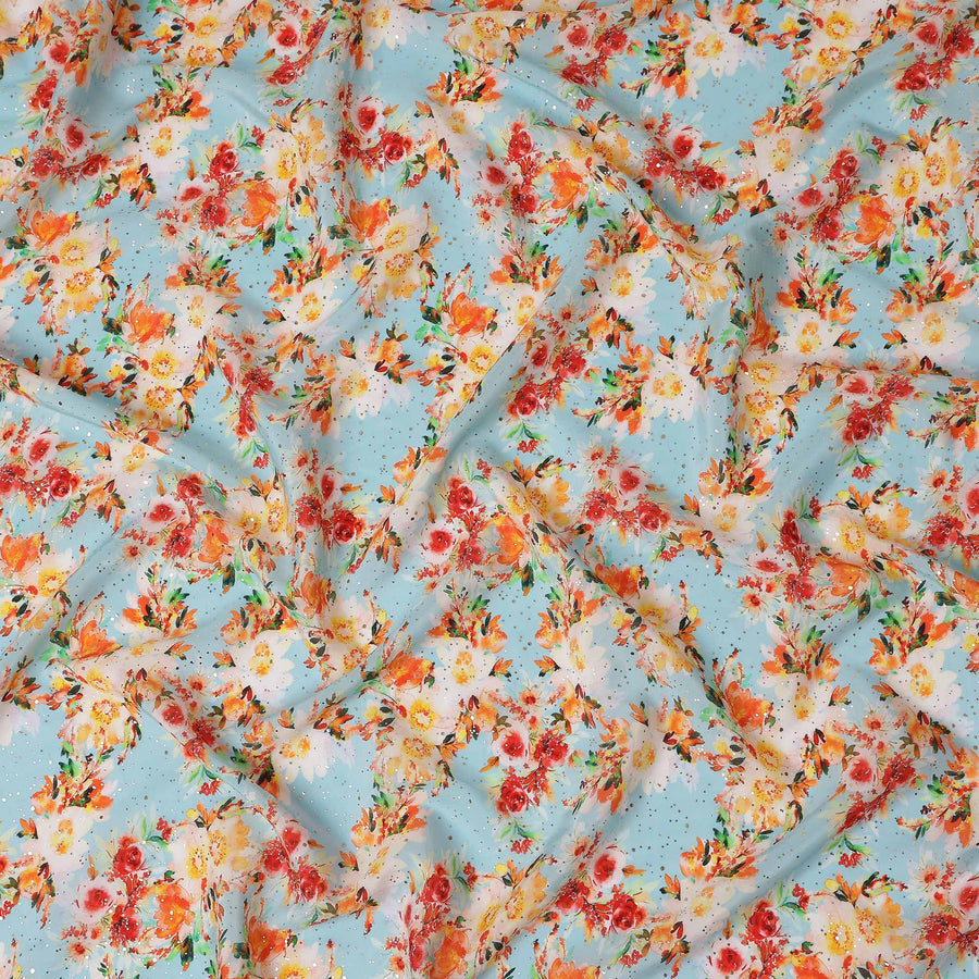 Blue Bouquet Floral Gold Dot Viscose Crepe 110cm