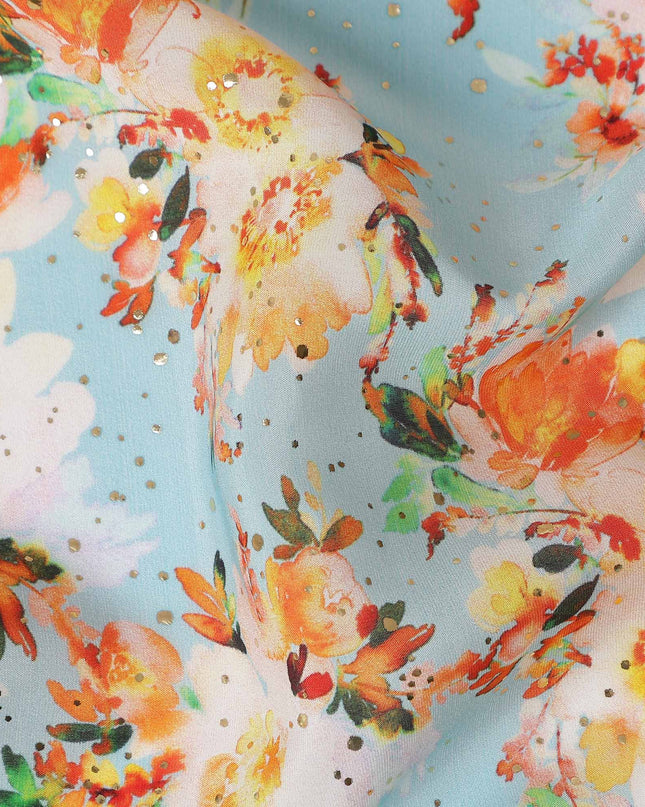 Blue Bouquet Floral Gold Dot Viscose Crepe 110cm