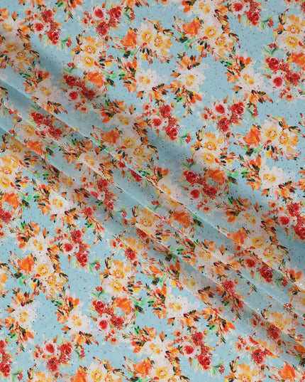 Blue Bouquet Floral Gold Dot Viscose Crepe 110cm