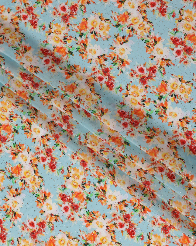 Blue Bouquet Floral Gold Dot Viscose Crepe 110cm