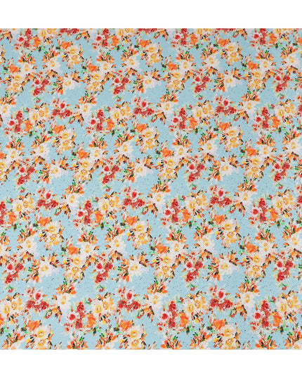 Blue Bouquet Floral Gold Dot Viscose Crepe 110cm