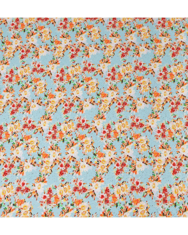 Blue Bouquet Floral Gold Dot Viscose Crepe 110cm