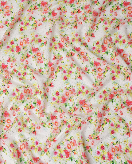 White Floral Gold Dot Viscose Crepe 110cm