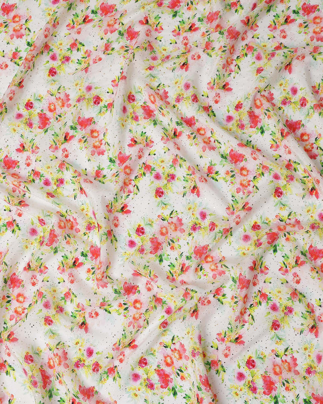 White Floral Gold Dot Viscose Crepe 110cm