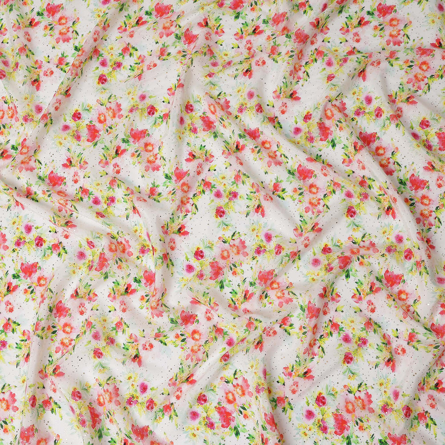 White Floral Gold Dot Viscose Crepe 110cm