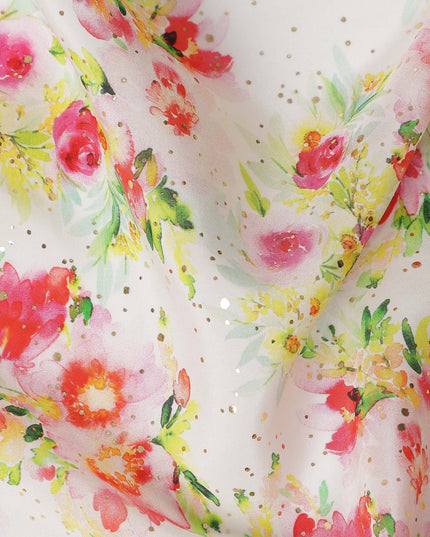 White Floral Gold Dot Viscose Crepe 110cm