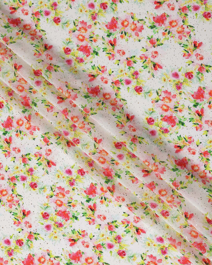 White Floral Gold Dot Viscose Crepe 110cm