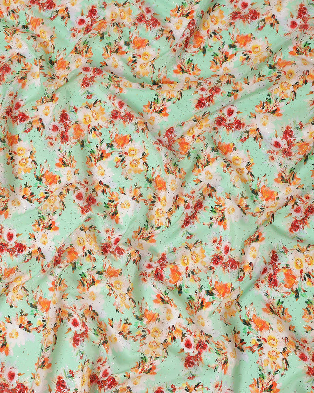 Green Bouquet Floral Gold Dot Viscose Crepe 110cm