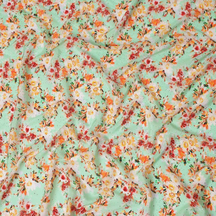 Green Bouquet Floral Gold Dot Viscose Crepe 110cm