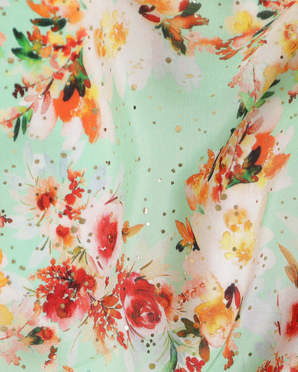 Green Bouquet Floral Gold Dot Viscose Crepe 110cm