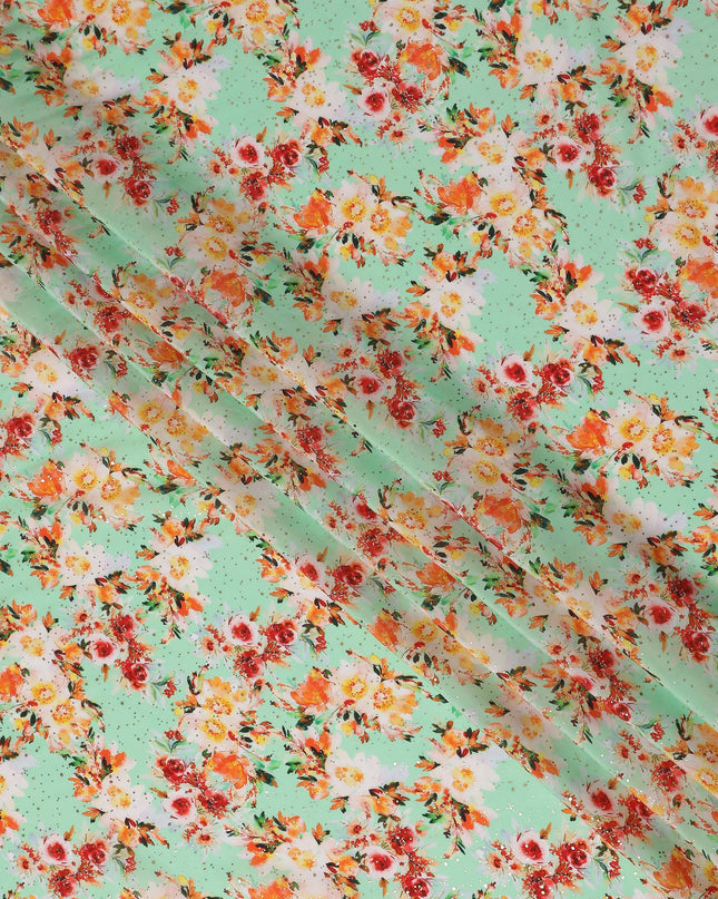 Green Bouquet Floral Gold Dot Viscose Crepe 110cm