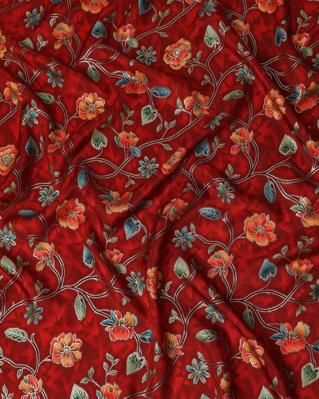 Red Multicolor Floral Vine Print Viscose Crepe Fabric, Elegant Botanical Branch Pattern Soft Flowing Crepe Texture Apparel Dressmaking Material, 110 Cms Width, Made In India-D28463