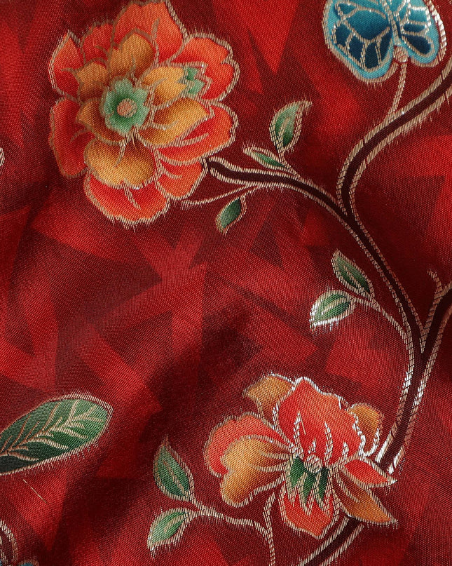 Red Multicolor Floral Vine Print Viscose Crepe Fabric, Elegant Botanical Branch Pattern Soft Flowing Crepe Texture Apparel Dressmaking Material, 110 Cms Width, Made In India-D28463