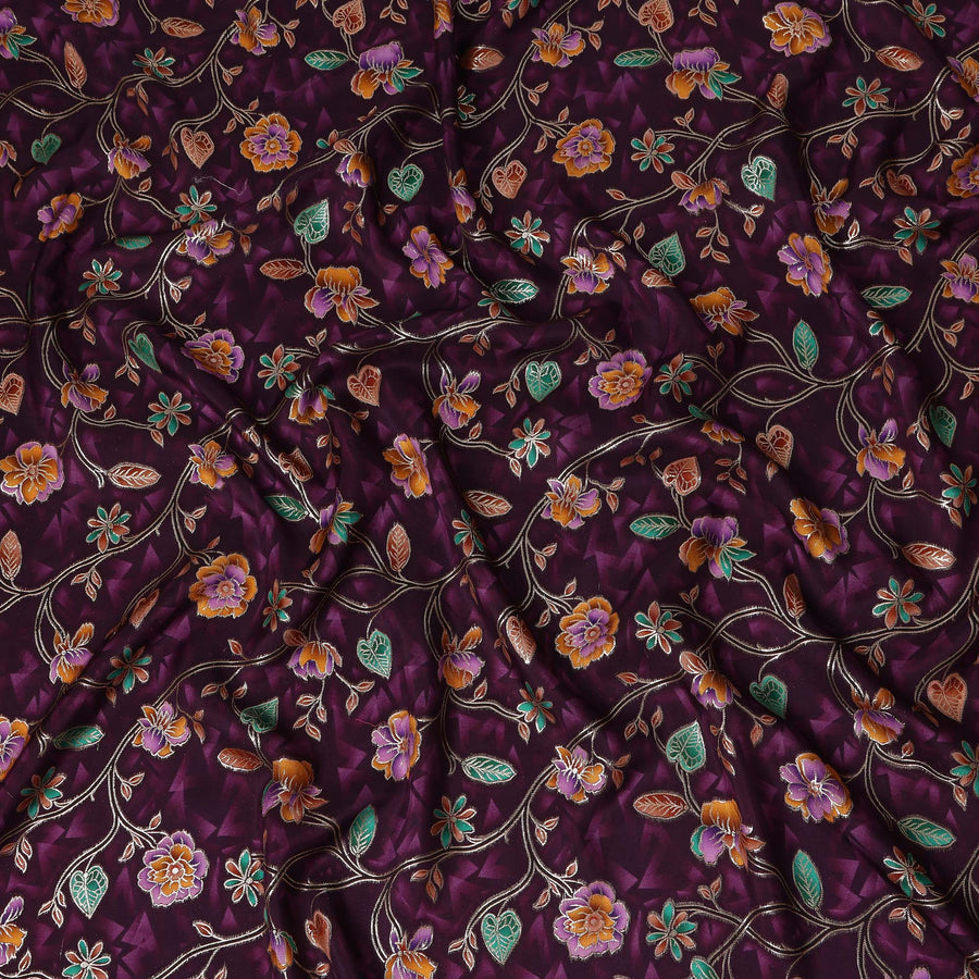 Wine Purple Multicolor Floral Vine Print Viscose Crepe Fabric, Elegant Botanical Branch Pattern Soft Flowing Viscose Crepe Material for Apparel Sewing Dressmaking, 110 Cms Width, Made In India-D28461