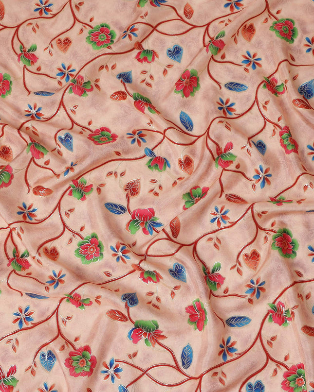 Peach Multicolor Floral Vine Print Viscose Crepe Fabric, Elegant Botanical Branch Pattern Soft Flowing Viscose Crepe Material for Apparel Sewing Dressmaking, 110 Cms Width, Made In India-D28460