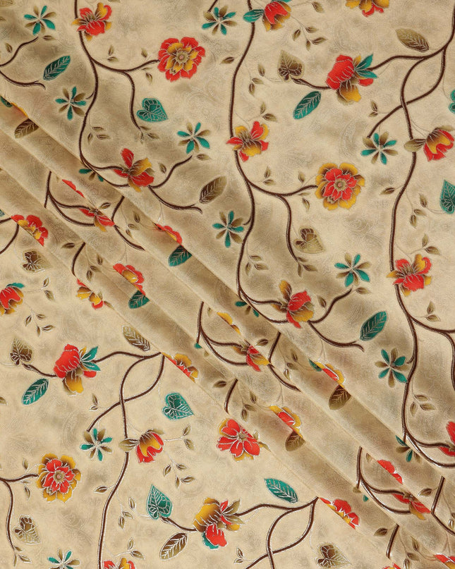 Beige Multicolor Floral Vine Print Viscose Crepe Fabric, Elegant Botanical Branch Pattern Soft Flowing Viscose Crepe Material for Apparel Sewing Dressmaking, 110 Cms Width, Made In India-D28458