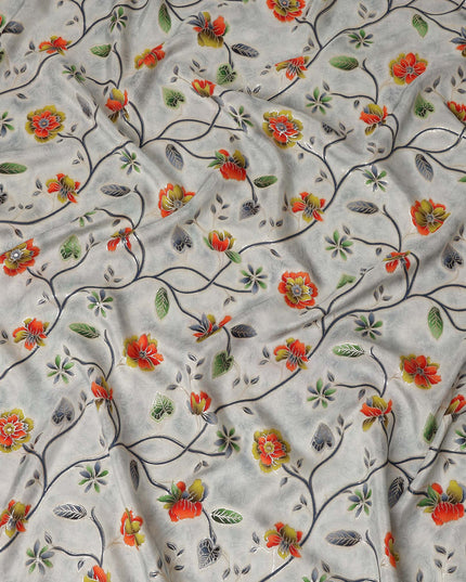 Light Grey Multicolor Floral Vine Print Viscose Crepe Fabric, Elegant Botanical Branch Pattern Soft Flowing Viscose Crepe Material for Apparel Sewing Dressmaking, 110 Cms Width, Made In India-D28457