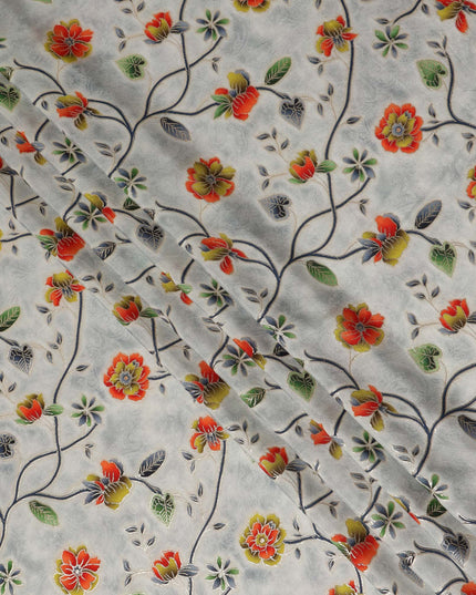 Light Grey Multicolor Floral Vine Print Viscose Crepe Fabric, Elegant Botanical Branch Pattern Soft Flowing Viscose Crepe Material for Apparel Sewing Dressmaking, 110 Cms Width, Made In India-D28457