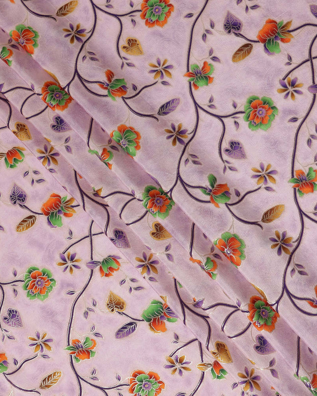 Lavender Multicolor Floral Vine Print Viscose Crepe Fabric, Elegant Botanical Branch Pattern Soft Flowing Crepe Texture Apparel Dressmaking Material, 110 Cms Width, Made In India-D28462
