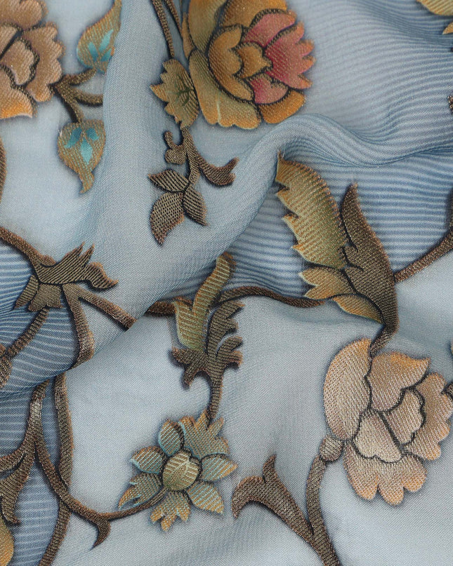 Sky Blue Floral Vine Print Viscose Crepe Fabric, Elegant Botanical Scroll Leaf Pattern Soft Flowing Crepe Texture Dressmaking Apparel Sewing Material, 110 Cms Width, Made In India-D28465