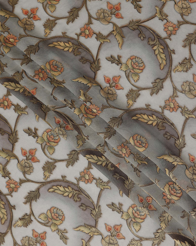 Light Grey Floral Vine Print Viscose Crepe Fabric, Elegant Botanical Scroll Leaf Pattern Soft Flowing Crepe Texture Dressmaking Apparel Sewing Material, 110 Cms Width, Made In India-D28466