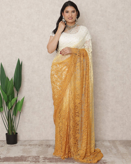 Ivory to Mustard Yellow Ombre Premium French Chantilly Lace Saree with Stone Work, 5.5 Mtrs Length, 110 Cms Width, Made in France-D24419