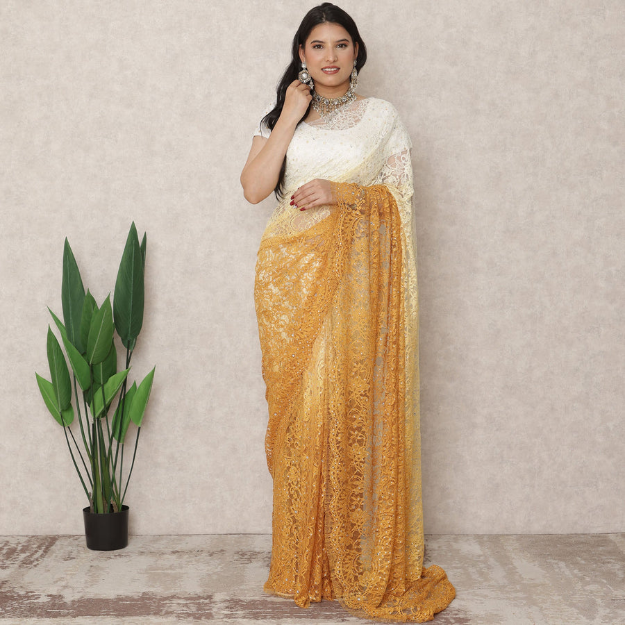 Ivory to Mustard Yellow Ombre Premium French Chantilly Lace Saree with Stone Work, 5.5 Mtrs Length, 110 Cms Width, Made in France-D24419