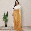 Ivory to Mustard Yellow Ombre Premium French Chantilly Lace Saree with Stone Work, 5.5 Mtrs Length, 110 Cms Width, Made in France-D24419