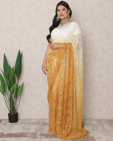 Ivory to Mustard Yellow Ombre Premium French Chantilly Lace Saree with Stone Work, 5.5 Mtrs Length, 110 Cms Width, Made in France-D24419