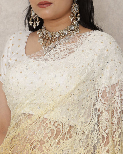 Ivory to Mustard Yellow Ombre Premium French Chantilly Lace Saree with Stone Work, 5.5 Mtrs Length, 110 Cms Width, Made in France-D24419