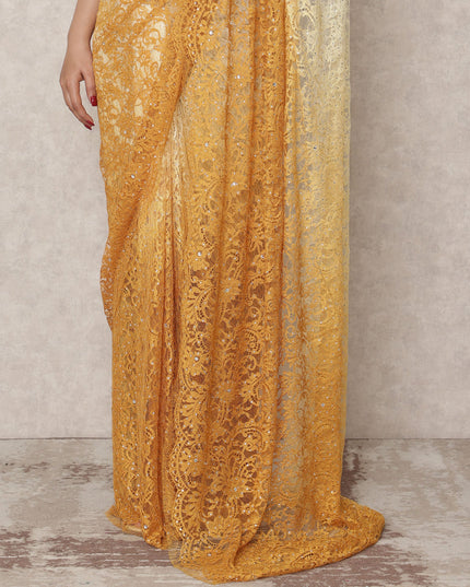 Ivory to Mustard Yellow Ombre Premium French Chantilly Lace Saree with Stone Work, 5.5 Mtrs Length, 110 Cms Width, Made in France-D24419