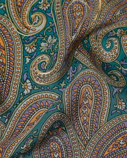 Teal Paisley Silk Crepe Fabric 110cm India