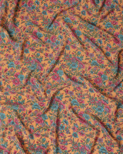 Orange Floral Silk Crepe Fabric 110cm India