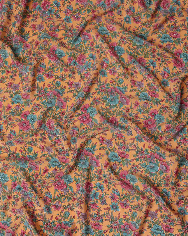 Orange Floral Silk Crepe Fabric 110cm India