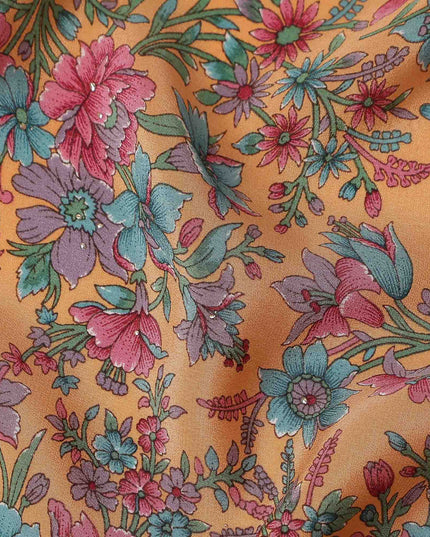 Orange Floral Silk Crepe Fabric 110cm India