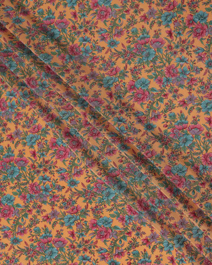 Orange Floral Silk Crepe Fabric 110cm India