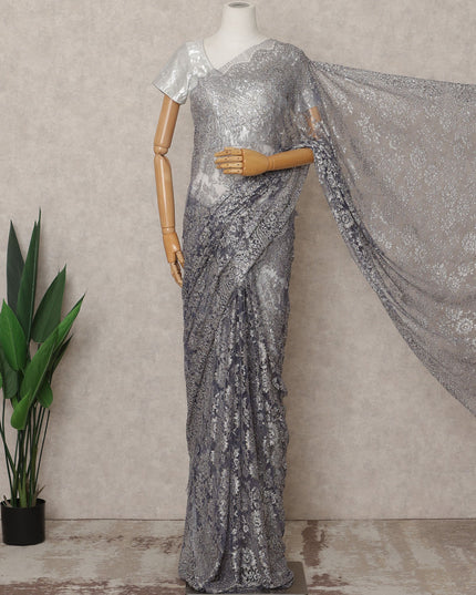 Purple Silver Premium French Metallic Chantilly Lace Saree Fabric with Stone Work – 5.5 Meters Length, 110 Cms Width, Imported from France-D25721