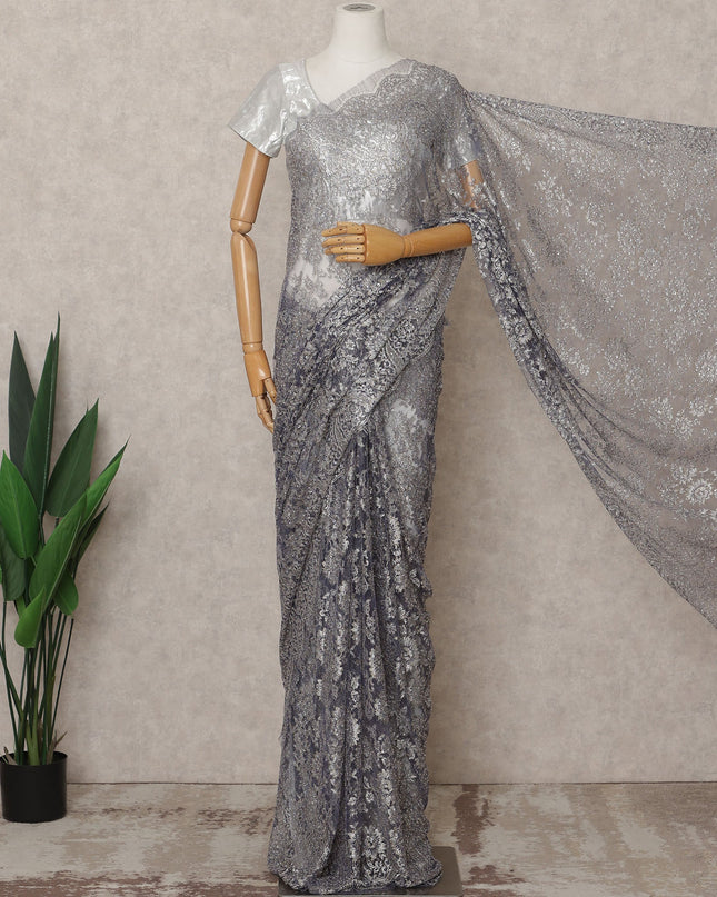 Purple Silver Premium French Metallic Chantilly Lace Saree Fabric with Stone Work – 5.5 Meters Length, 110 Cms Width, Imported from France-D25721